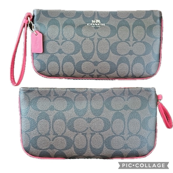 Coach Signature C Coated Canvas & Leather Large Zip Wristlet In Brown & Fuchsia - Picture 3 of 13
